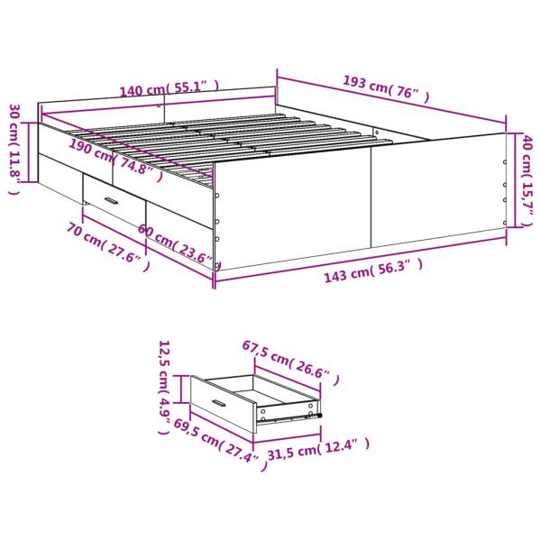 Bettgestell mit Schubladen Sonoma-Eiche 140x190cm Holzwerkstoff