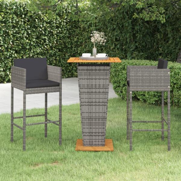 ARDEBO.de - 3-tlg. Gartenbar-Set mit Kissen Poly Rattan Grau