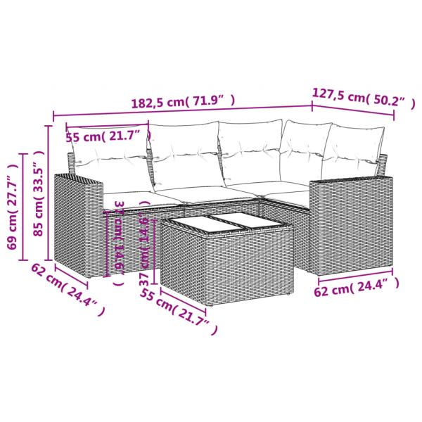 5-tlg. Garten-Sofagarnitur mit Kissen Grau Poly Rattan