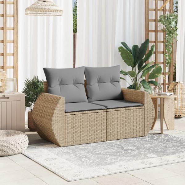 Gartensofa mit Kissen 2-Sitzer Beige Poly Rattan