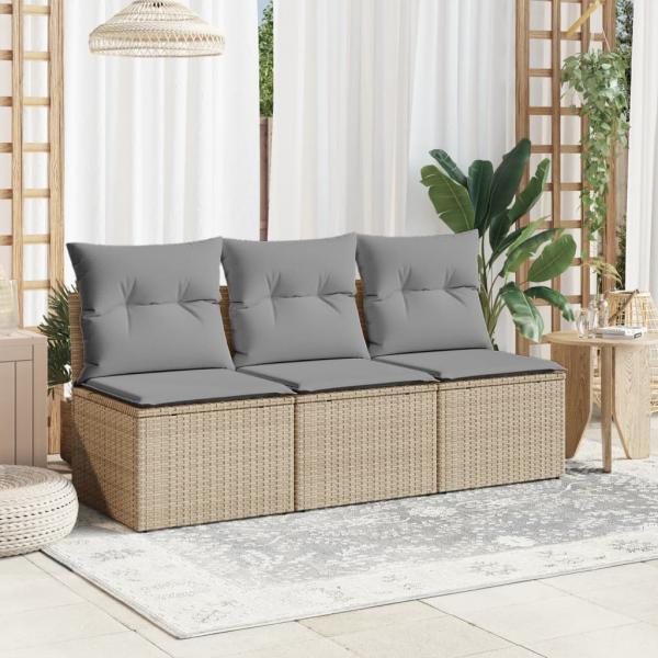 Gartensofa mit Kissen 3-Sitzer Beige Poly Rattan