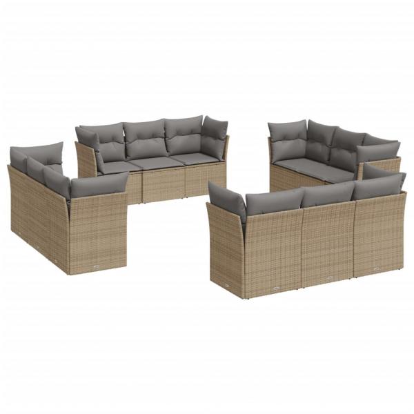 12-tlg. Garten-Sofagarnitur mit Kissen Beige Poly Rattan