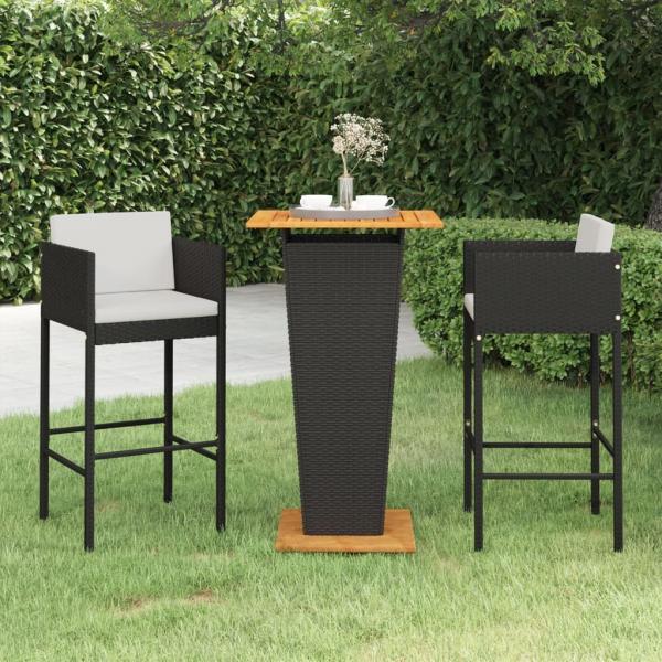 ARDEBO.de - 3-tlg. Gartenbar-Set mit Kissen Poly Rattan Schwarz