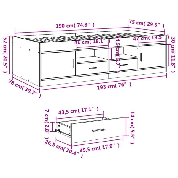 Tagesbett mit Schubladen Grau Sonoma 75x190 cm Holzwerkstoff