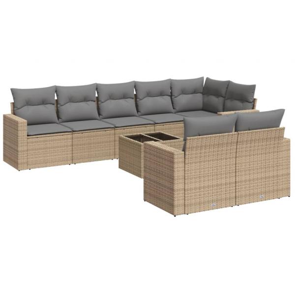 9-tlg. Garten-Sofagarnitur mit Kissen Beige Poly Rattan