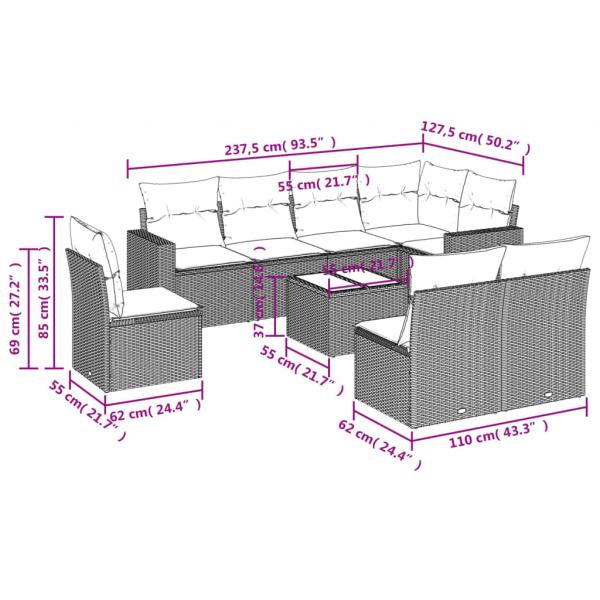 9-tlg. Garten-Sofagarnitur mit Kissen Grau Poly Rattan