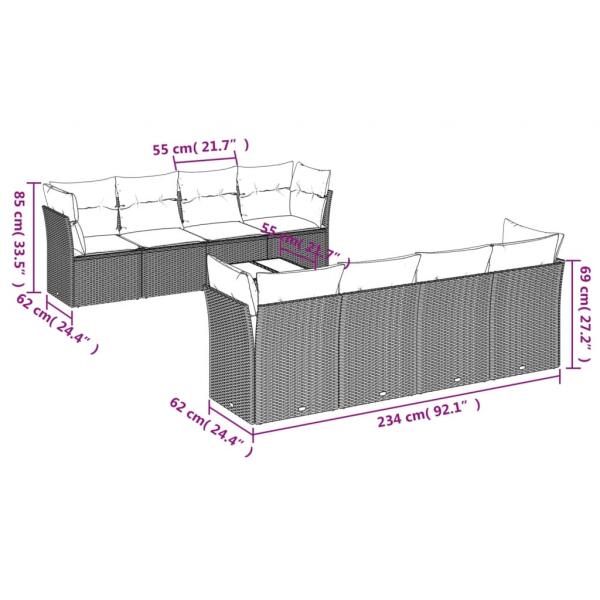 9-tlg. Garten-Sofagarnitur mit Kissen Grau Poly Rattan