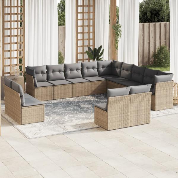 ARDEBO.de - 13-tlg. Garten-Sofagarnitur mit Kissen Beige Poly Rattan