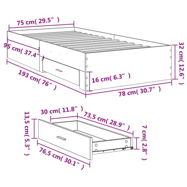 Bettgestell mit Schubladen Grau Sonoma 75x190 cm Holzwerkstoff