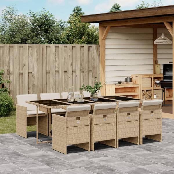 ARDEBO.de - 9-tlg. Garten-Essgruppe mit Kissen Beige Poly Rattan