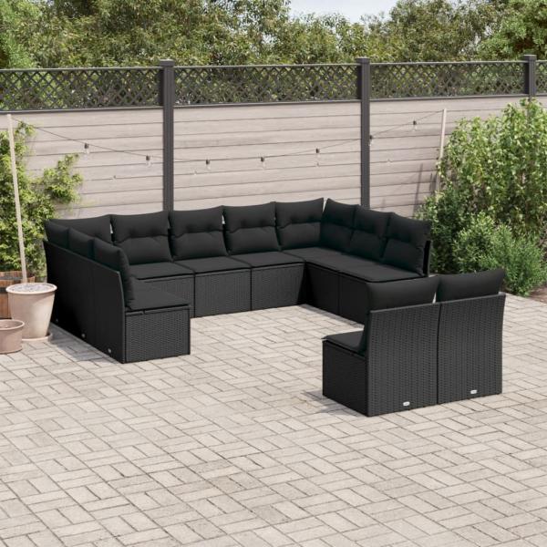 ARDEBO.de - 11-tlg. Garten-Sofagarnitur mit Kissen Schwarz Poly Rattan