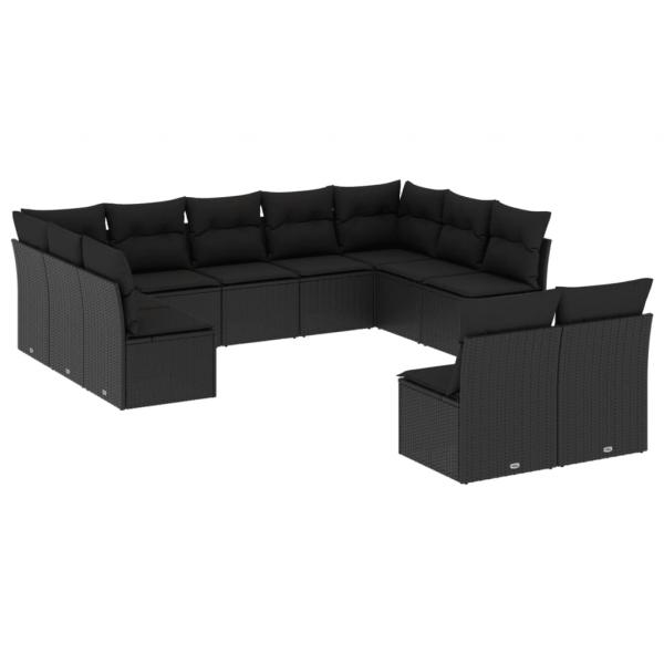 11-tlg. Garten-Sofagarnitur mit Kissen Schwarz Poly Rattan