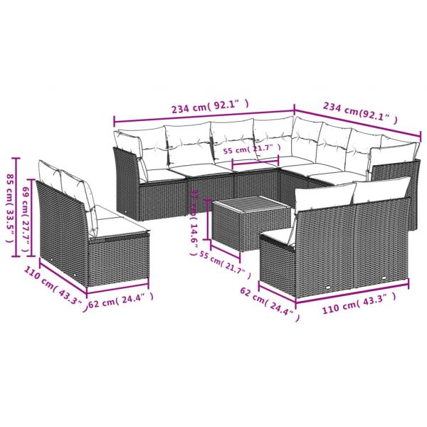 12-tlg. Garten-Sofagarnitur mit Kissen Grau Poly Rattan