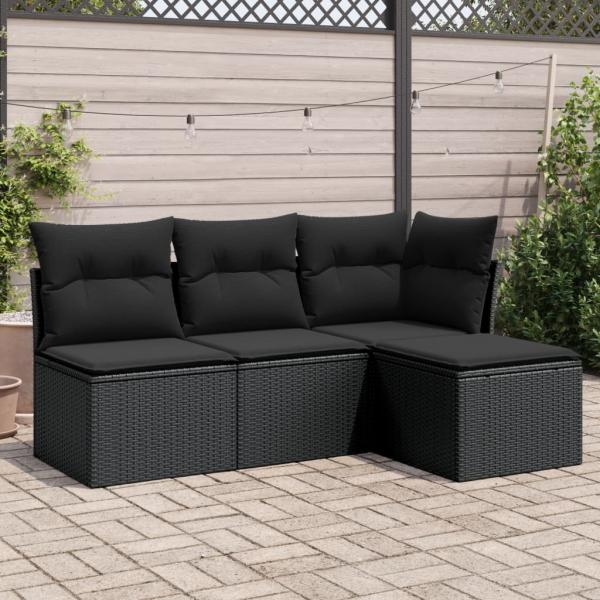 ARDEBO.de - 4-tlg. Garten-Sofagarnitur mit Kissen Schwarz Poly Rattan