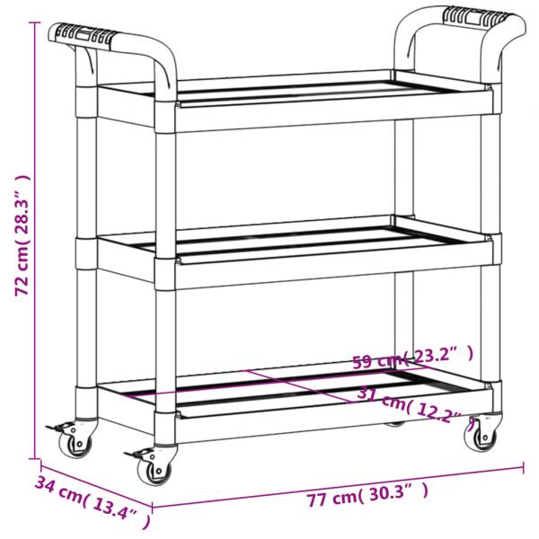 Rollwagen mit 3 Etagen Schwarz 77x34x72 cm Aluminium