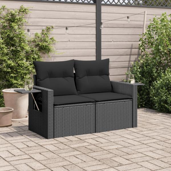 Gartensofa mit Kissen 2-Sitzer Schwarz Poly Rattan