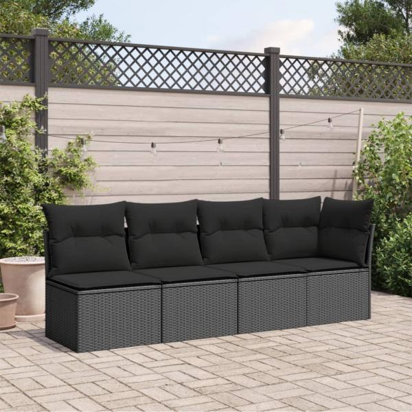 Gartensofa mit Kissen 4-Sitzer Schwarz Poly Rattan