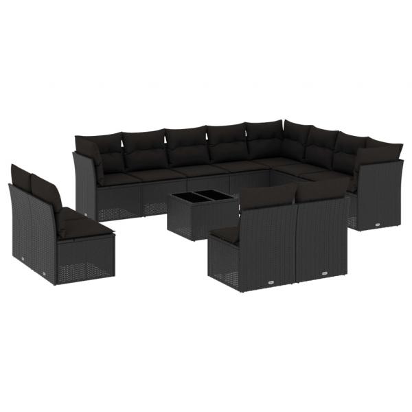 13-tlg. Garten-Sofagarnitur mit Kissen Schwarz Poly Rattan