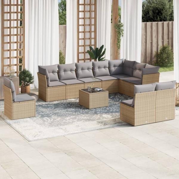 ARDEBO.de - 11-tlg. Garten-Sofagarnitur mit Kissen Beige Poly Rattan