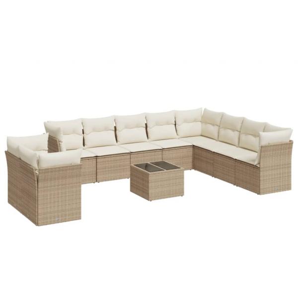 11-tlg. Garten-Sofagarnitur mit Kissen Beige Poly Rattan