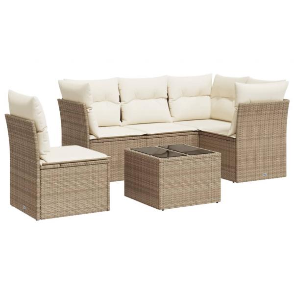 6-tlg. Garten-Sofagarnitur mit Kissen Beige Poly Rattan