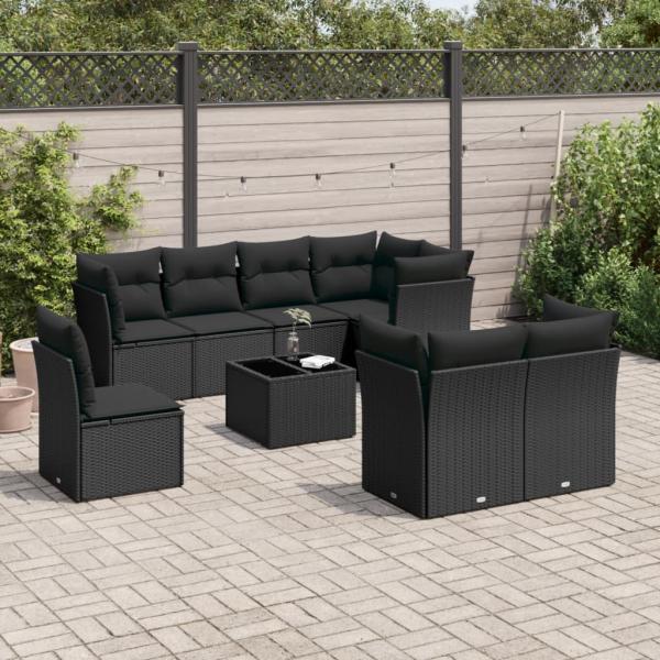 ARDEBO.de - 9-tlg. Garten-Sofagarnitur mit Kissen Schwarz Poly Rattan