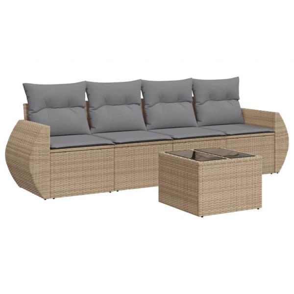 5-tlg. Garten-Sofagarnitur mit Kissen Beige Poly Rattan