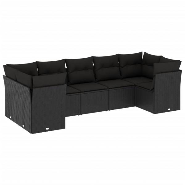 7-tlg. Garten-Sofagarnitur mit Kissen Schwarz Poly Rattan