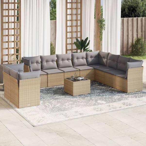 ARDEBO.de - 11-tlg. Garten-Sofagarnitur mit Kissen Beige Poly Rattan