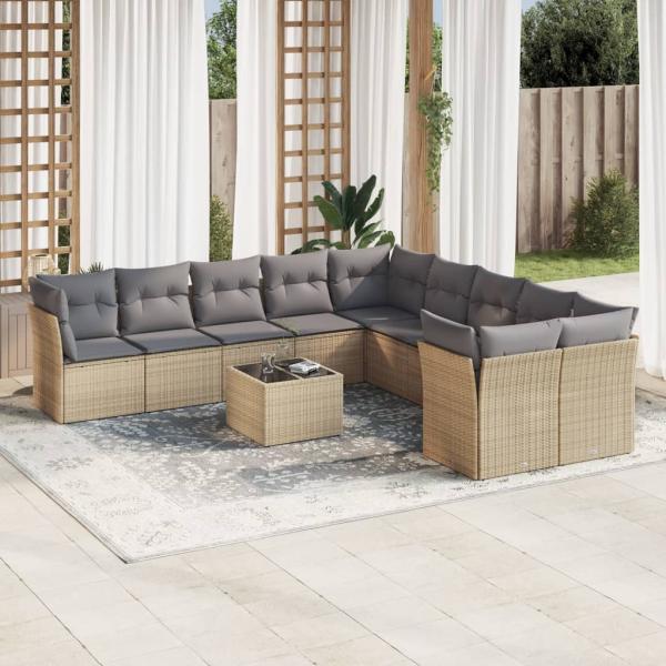 ARDEBO.de - 11-tlg. Garten-Sofagarnitur mit Kissen Beige Poly Rattan