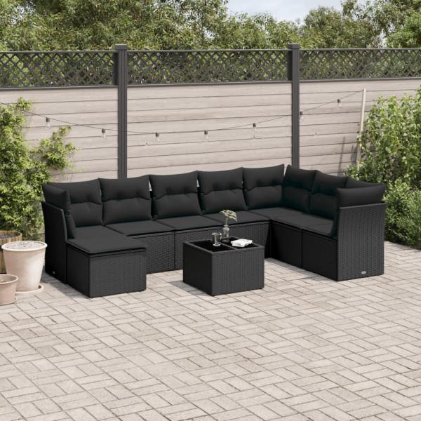 ARDEBO.de - 9-tlg. Garten-Sofagarnitur mit Kissen Schwarz Poly Rattan