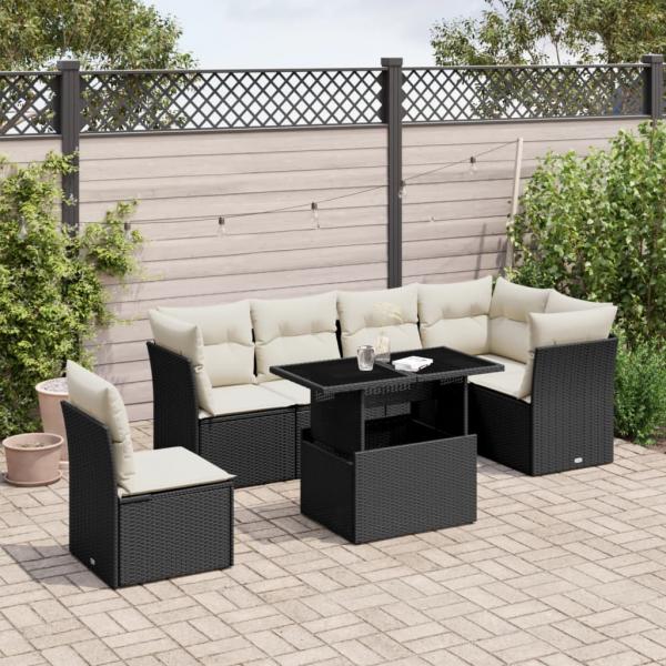 ARDEBO.de - 7-tlg. Garten-Sofagarnitur mit Kissen Schwarz Poly Rattan