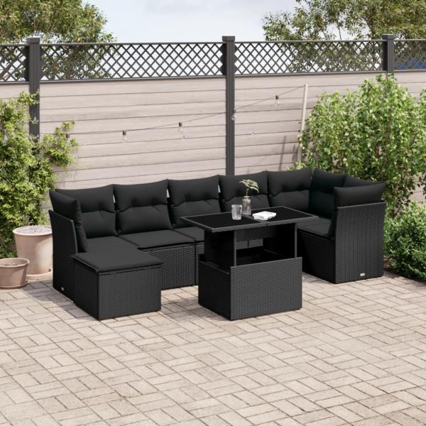 ARDEBO.de - 8-tlg. Garten-Sofagarnitur mit Kissen Schwarz Poly Rattan