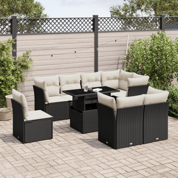 ARDEBO.de - 9-tlg. Garten-Sofagarnitur mit Kissen Schwarz Poly Rattan