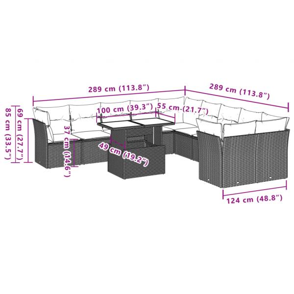 11-tlg. Garten-Sofagarnitur mit Kissen Schwarz Poly Rattan