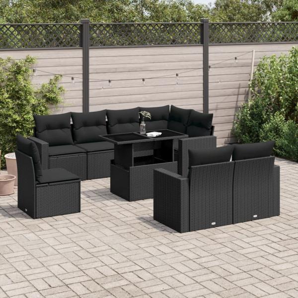 ARDEBO.de - 9-tlg. Garten-Sofagarnitur mit Kissen Schwarz Poly Rattan