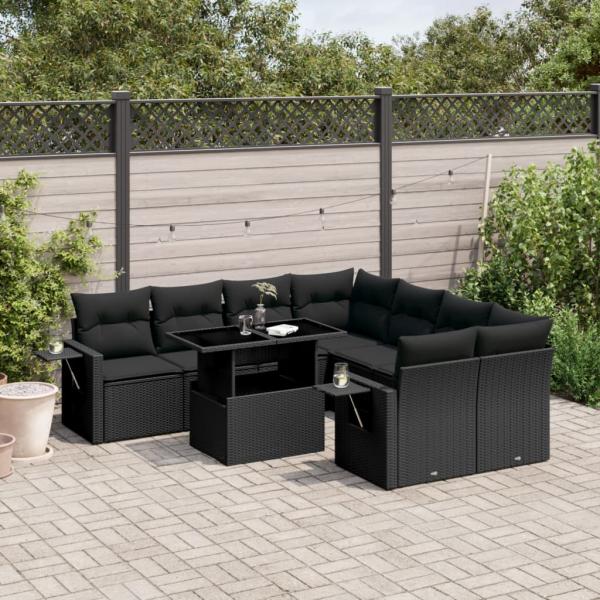 ARDEBO.de - 9-tlg. Garten-Sofagarnitur mit Kissen Schwarz Poly Rattan