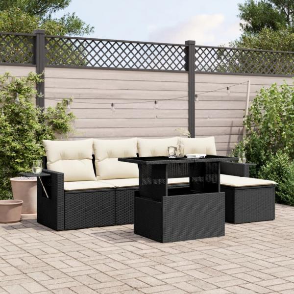 ARDEBO.de - 6-tlg. Garten-Sofagarnitur mit Kissen Schwarz Poly Rattan