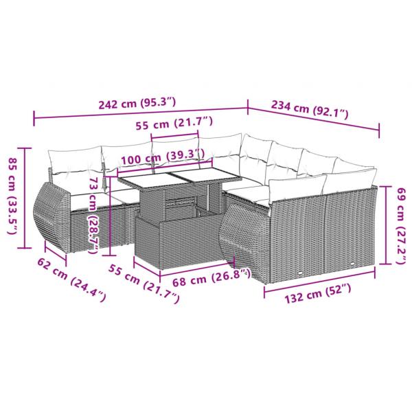 9-tlg. Garten-Sofagarnitur mit Kissen Schwarz Poly Rattan