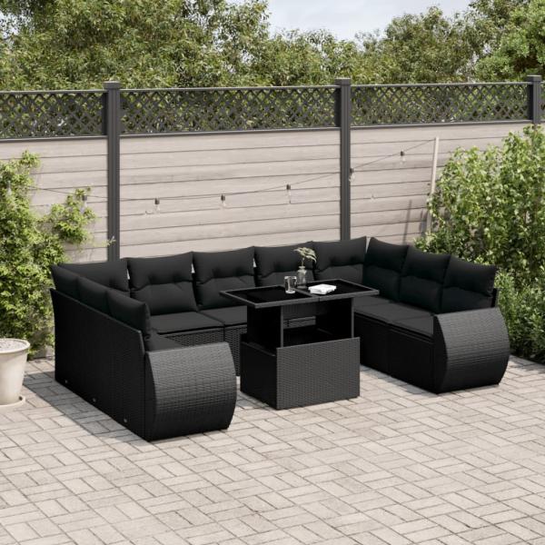 ARDEBO.de - 10-tlg. Garten-Sofagarnitur mit Kissen Schwarz Poly Rattan