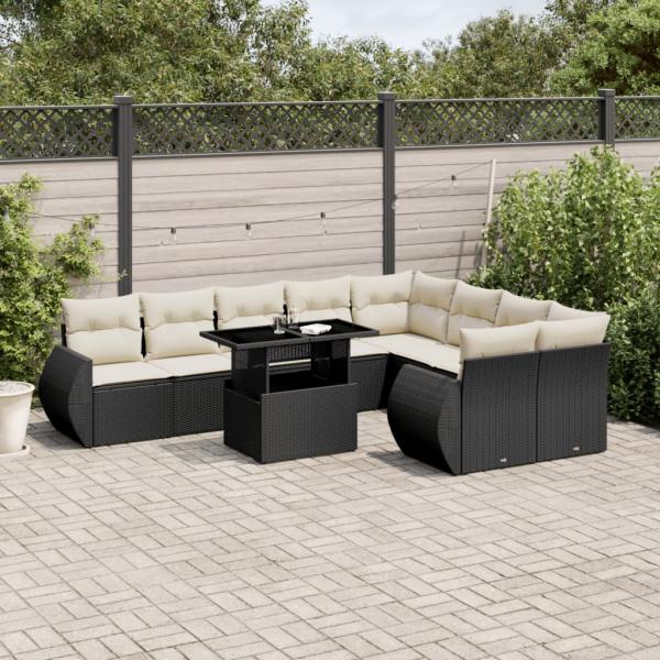 ARDEBO.de - 10-tlg. Garten-Sofagarnitur mit Kissen Schwarz Poly Rattan