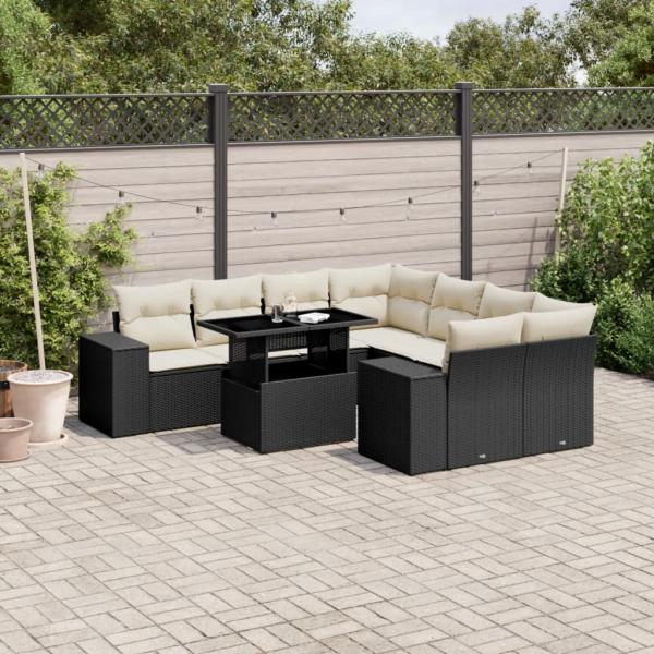 ARDEBO.de - 9-tlg. Garten-Sofagarnitur mit Kissen Schwarz Poly Rattan