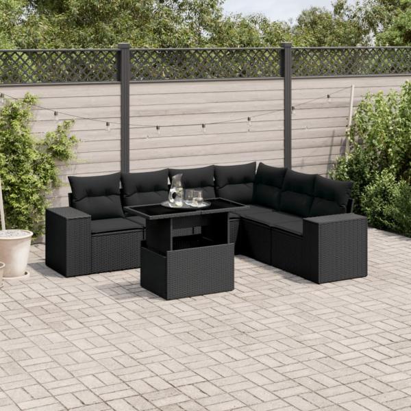 ARDEBO.de - 7-tlg. Garten-Sofagarnitur mit Kissen Schwarz Poly Rattan