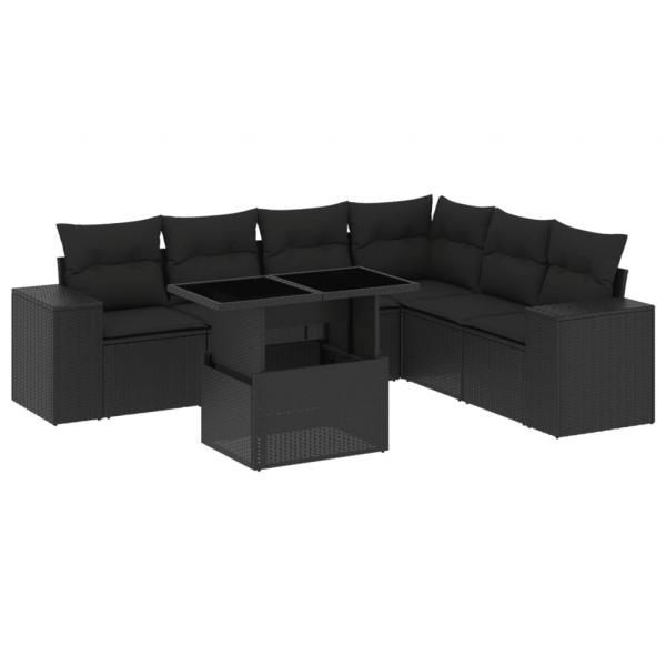 7-tlg. Garten-Sofagarnitur mit Kissen Schwarz Poly Rattan