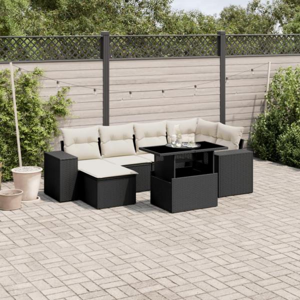 ARDEBO.de - 7-tlg. Garten-Sofagarnitur mit Kissen Schwarz Poly Rattan