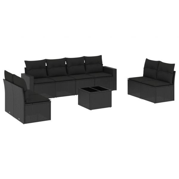 9-tlg. Garten-Sofagarnitur mit Kissen Schwarz Poly Rattan