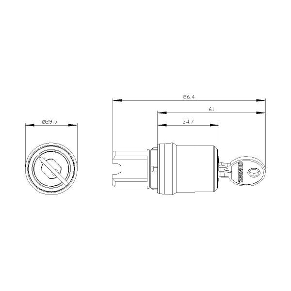 Siemens 3SU1000-5BC01-0AA0 Schlüsselschalter Siemens, 22 mm, rund, Kunststoff, Schließ-Nr. SSG10, mit 2 Schlüsseln, 2 Schaltstellungen O<I, tastend