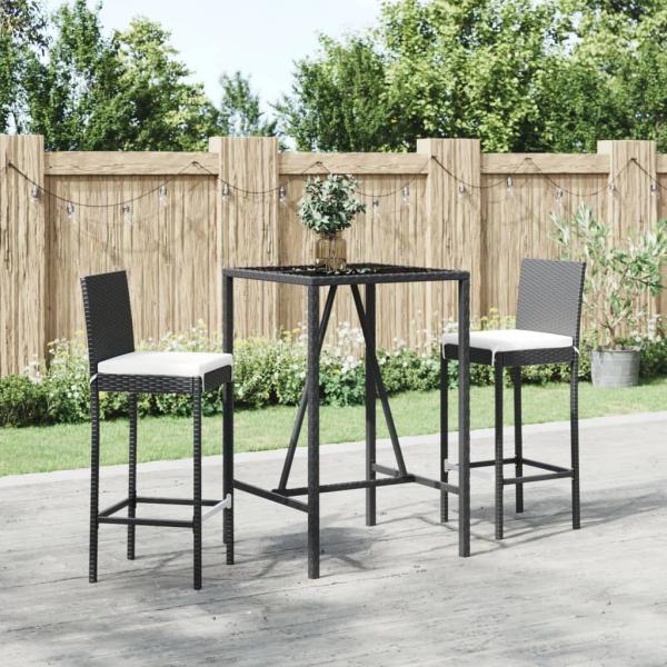 ARDEBO.de - 3-tlg. Gartenbar-Set mit Kissen Schwarz Poly Rattan