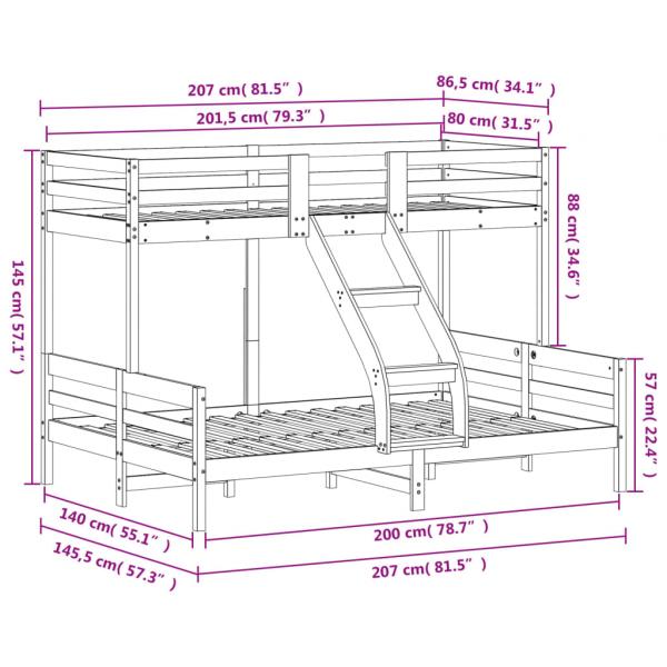 Etagenbett 80x200/140x200 cm Wachsbraun Massivholz Kiefer