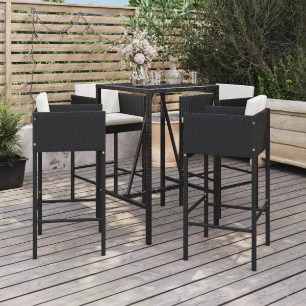 ARDEBO.de - 5-tlg. Gartenbar-Set mit Kissen Schwarz Poly Rattan